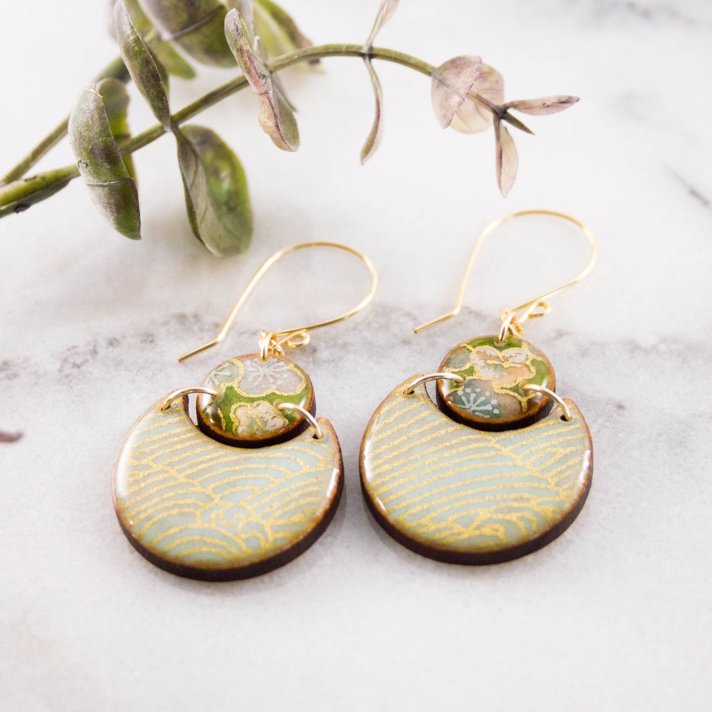 Japanese Double Circle Earrings- Natural Aqua