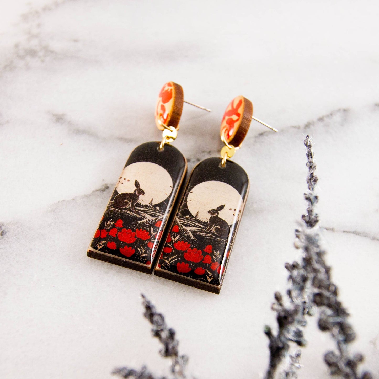 Vintage Red + Black Rabbit Drop Post Earrings