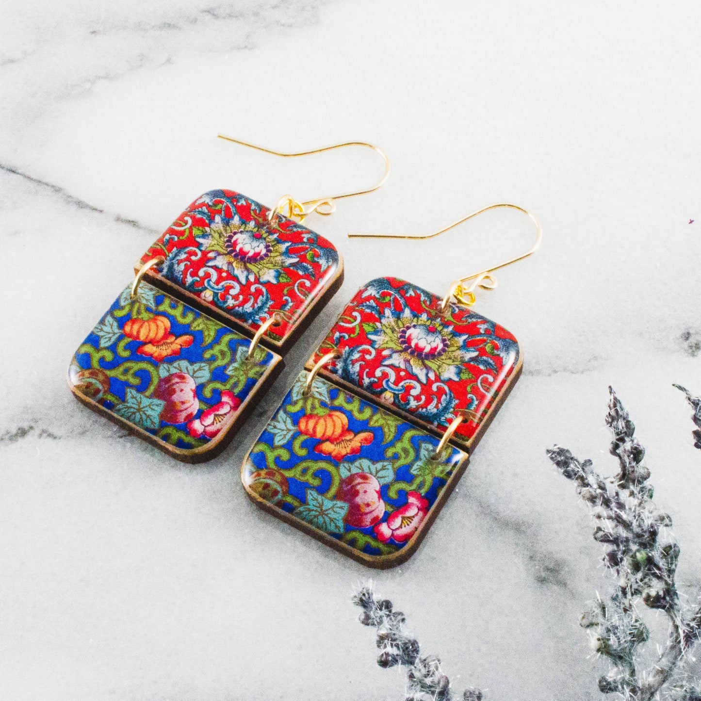 No Man's Land -Red + Blue Chinese Motif Rectangle Earrings