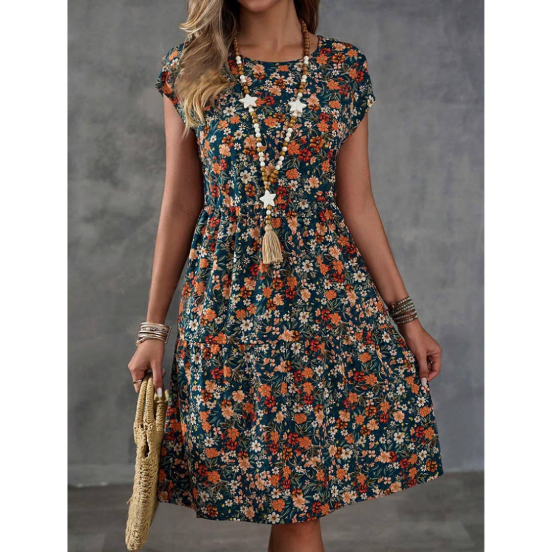 UNISHE - Floral Elastic Waist Short Sleeves Round Neck Dress ZK2696