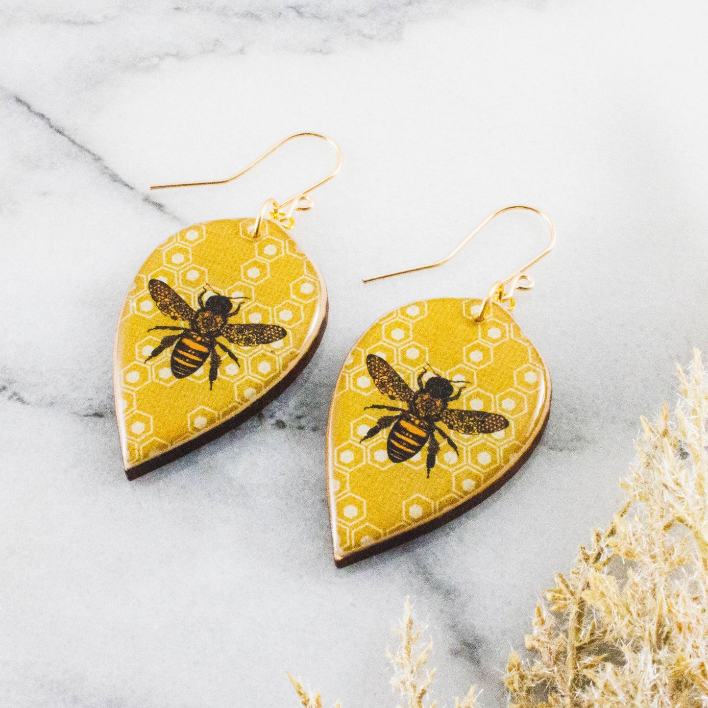 Honeycomb + Bee Leaf Drop Earrings
