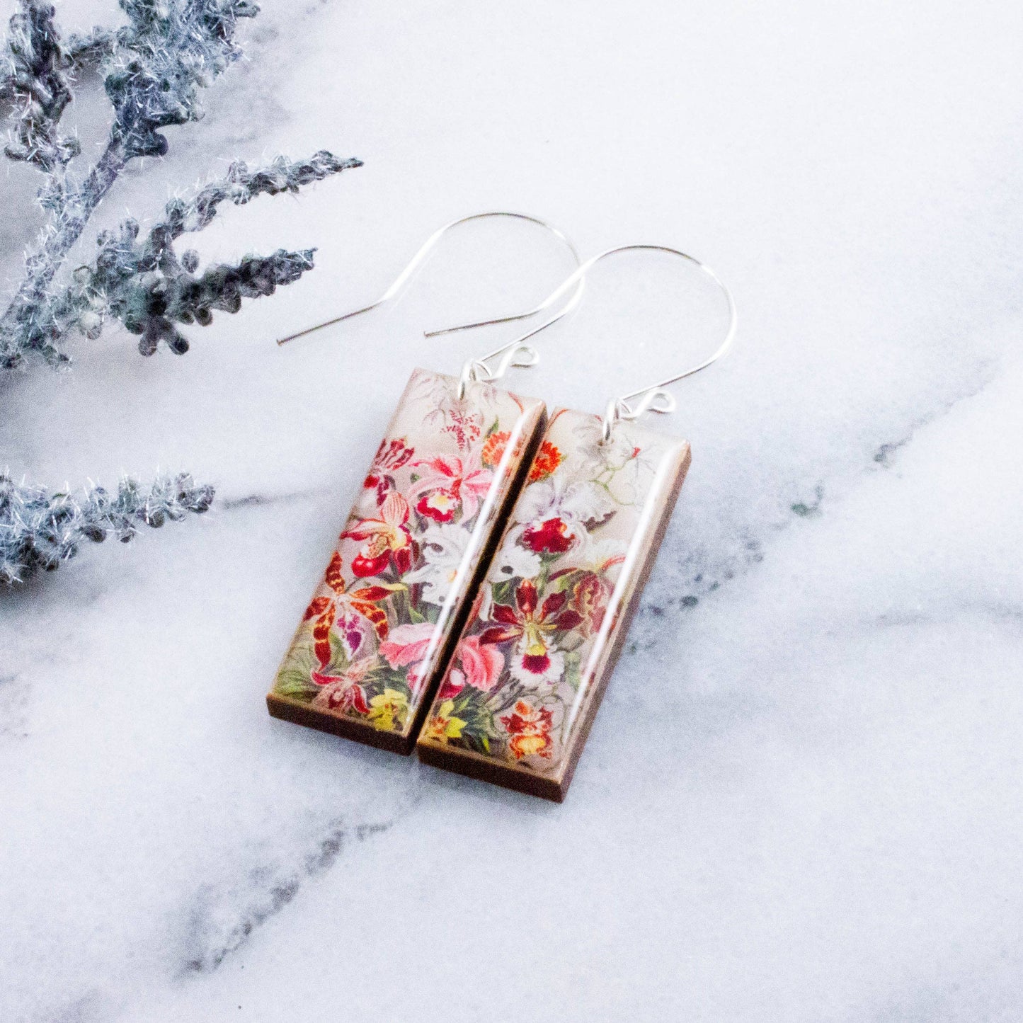 Vintage Botanical Iris Rectangle Earrings