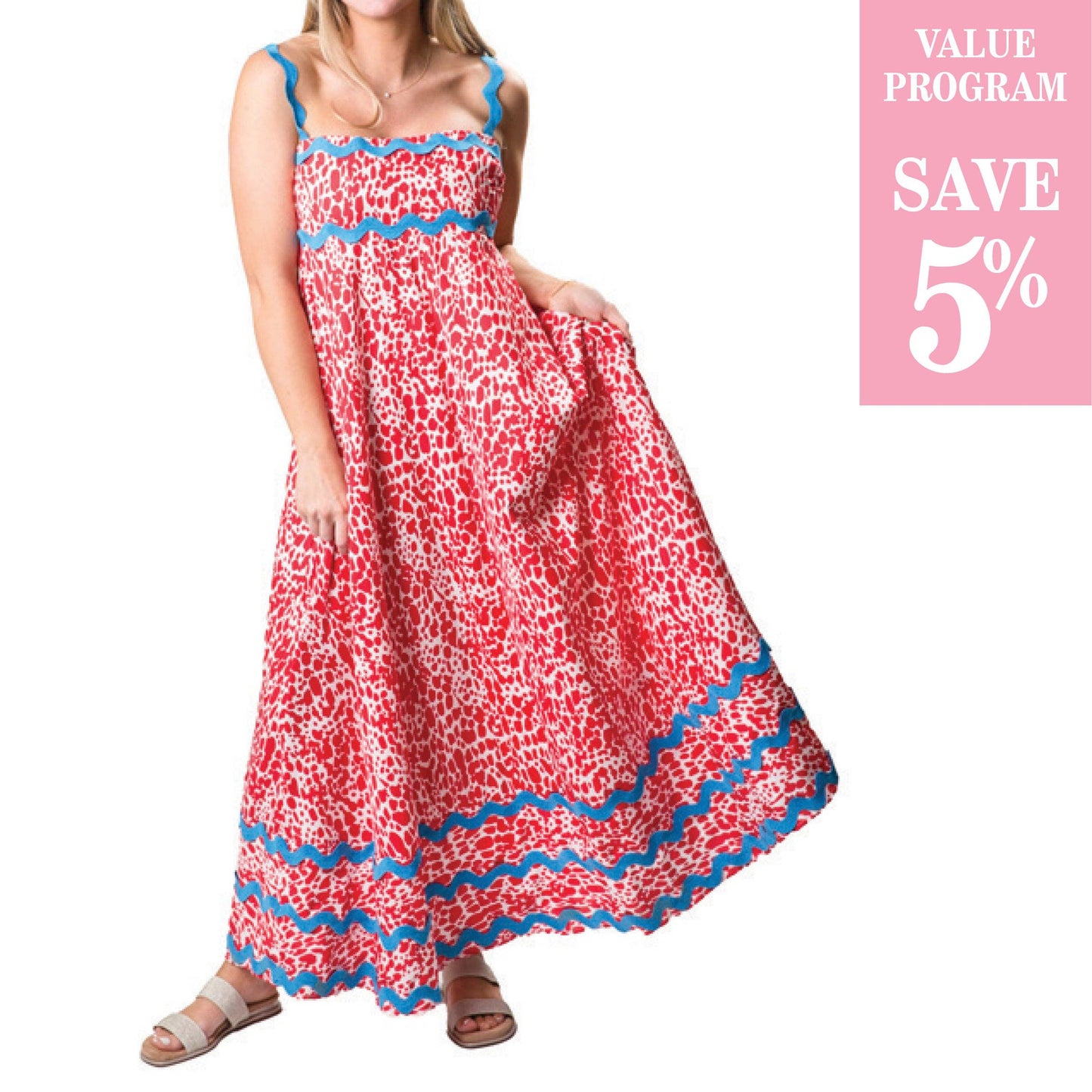 Red and White Pattern with Blue Rickrack Dorothy Dress
