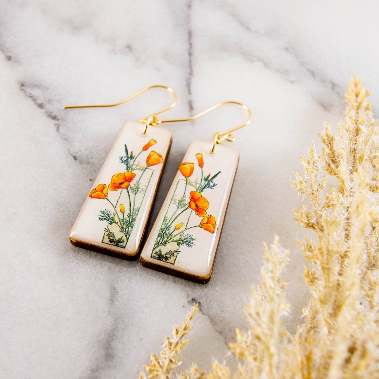 Art Deco California Poppy Floral Tapered Rectangle Earrings