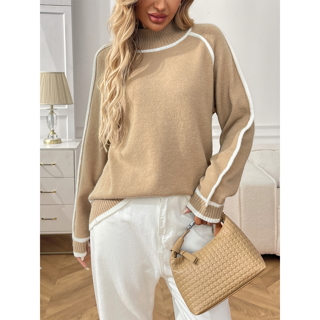 UNISHE - Casual Colorblock Mock Neck Loose Pullover Sweater MD222