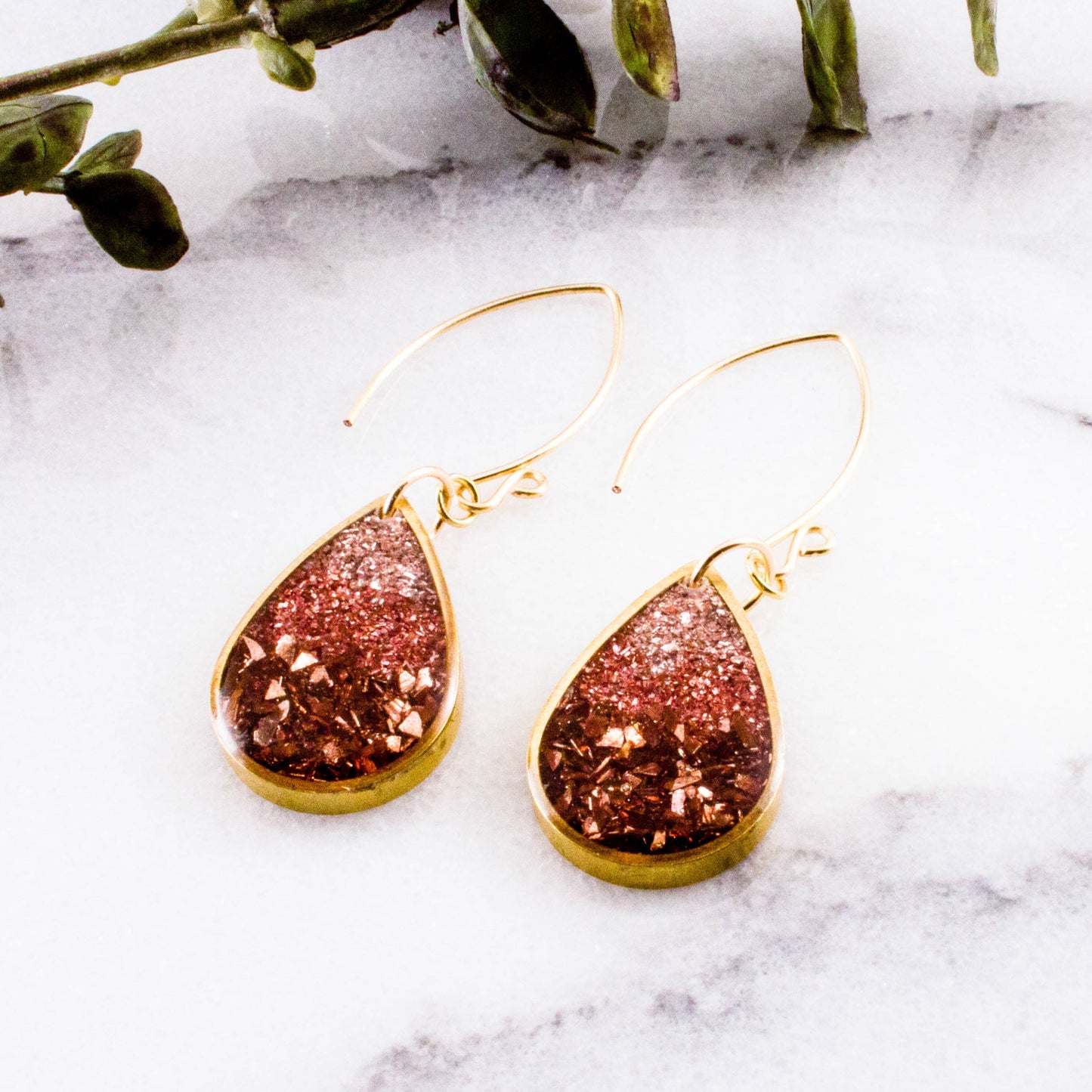 No Man's Land -Blush + Copper Glass Glitter Raindrop Earrings