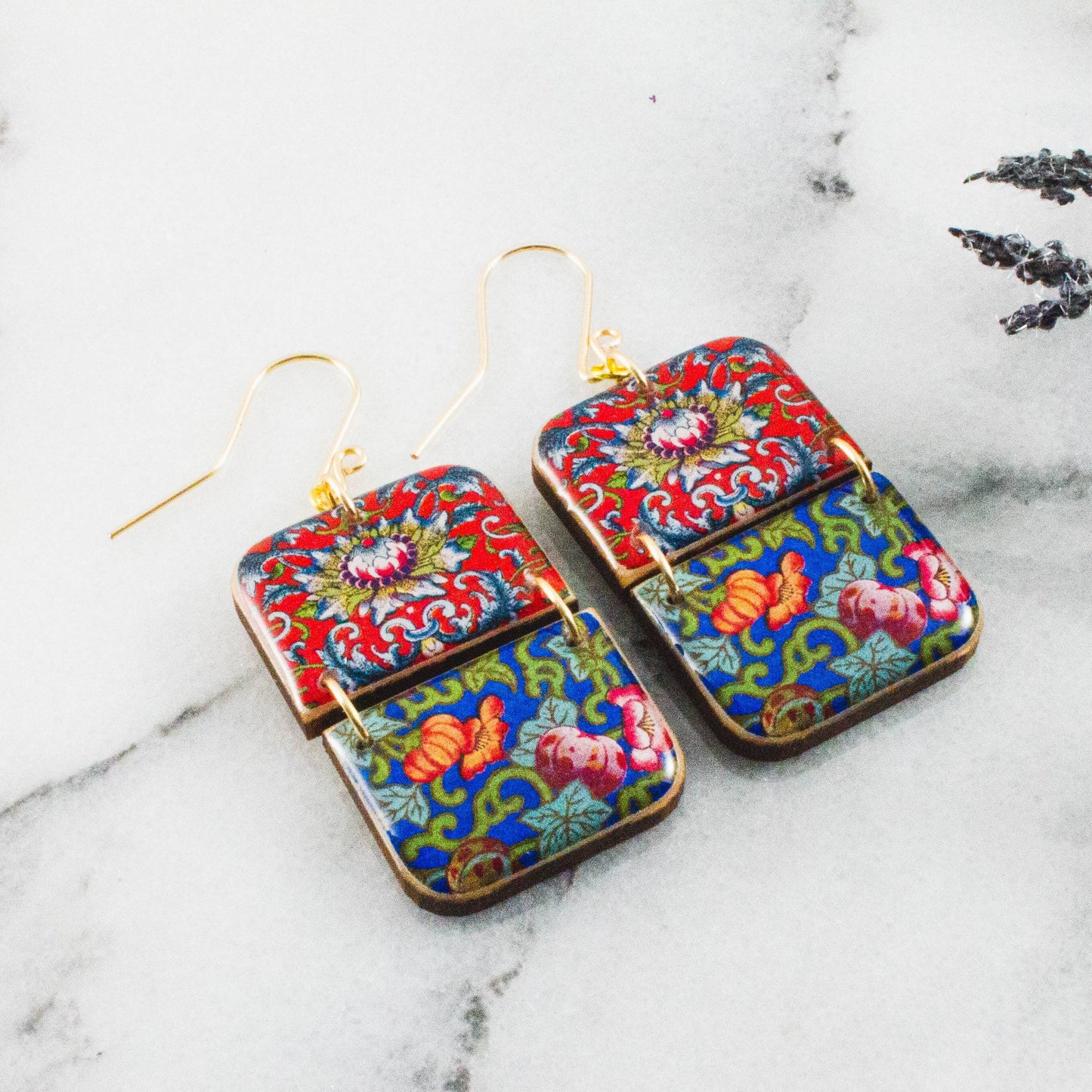 No Man's Land -Red + Blue Chinese Motif Rectangle Earrings
