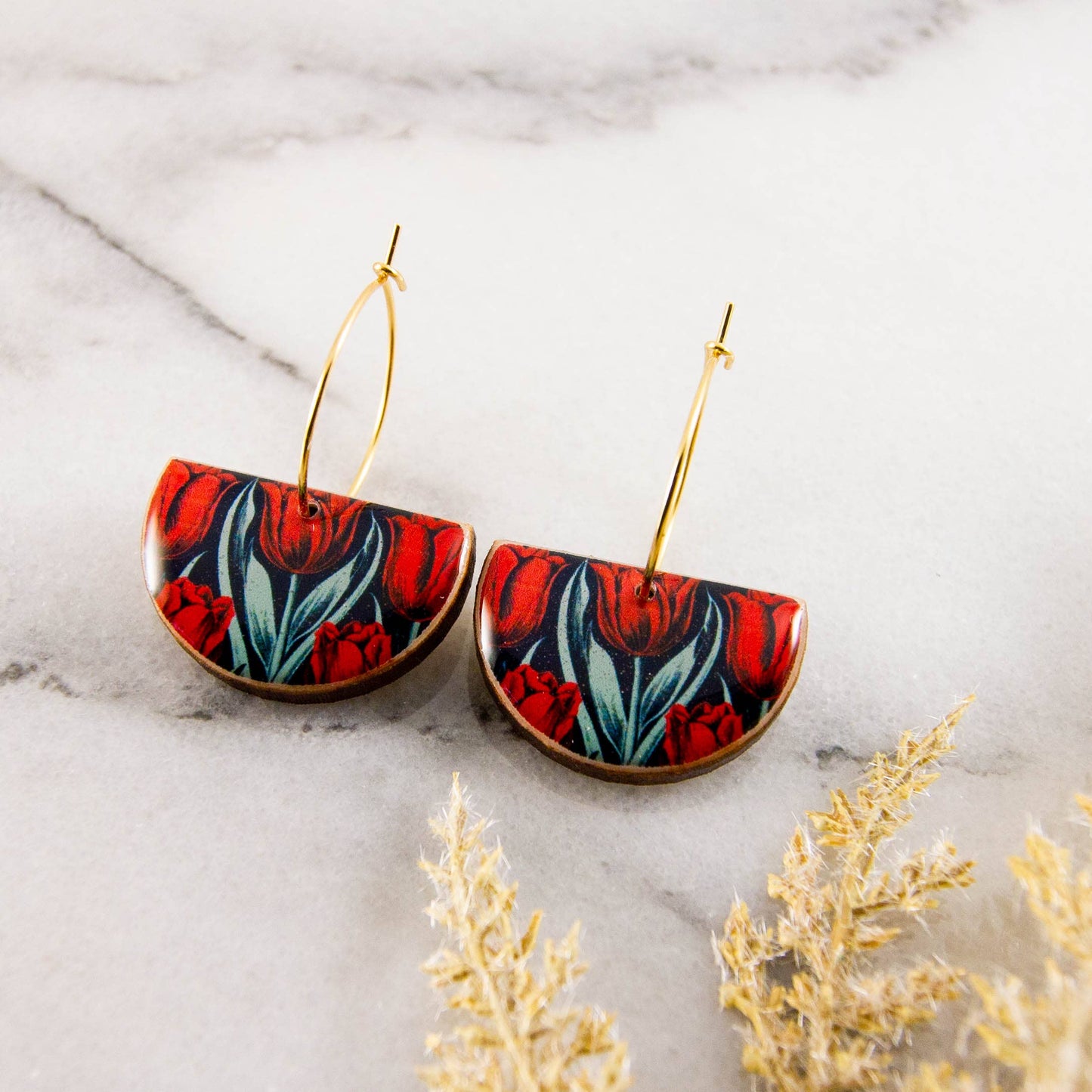 Vintage Red Tulip Drop Hoop Earrings