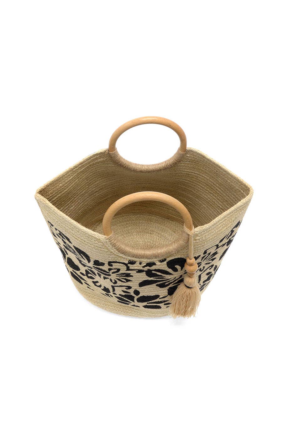 Black Painted Tropical Floral Lydia Wood Handle Jute Tote w/ Wood Bead Tassel