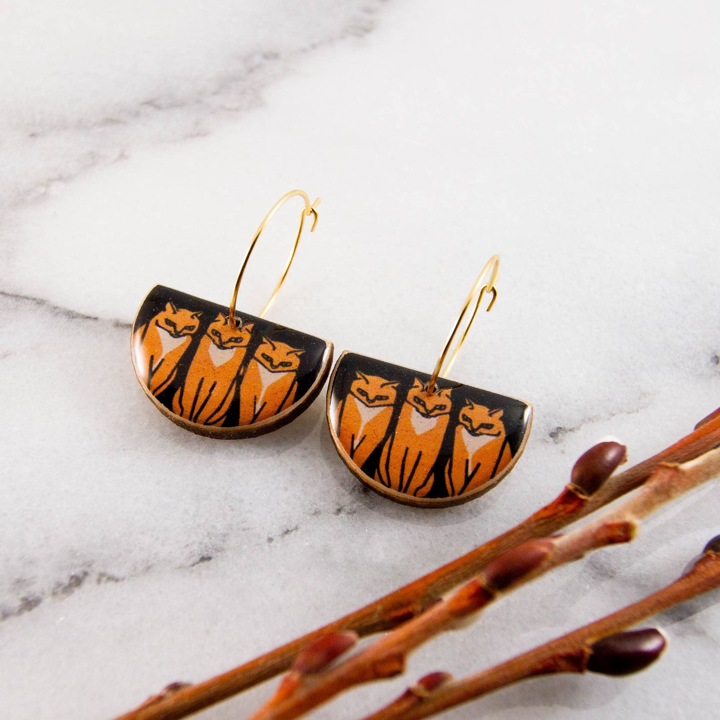 Vintage Orange Cats Drop Hoop Earrings
