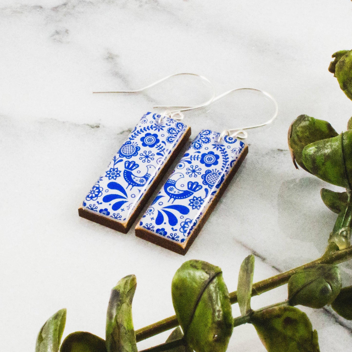 No Man's Land - Blue + White Swedish Floral Rectangle Earrings