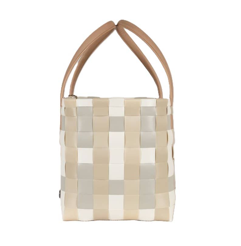 Color Block Recycled Handwoven Tote Bag - Ecru White Mix