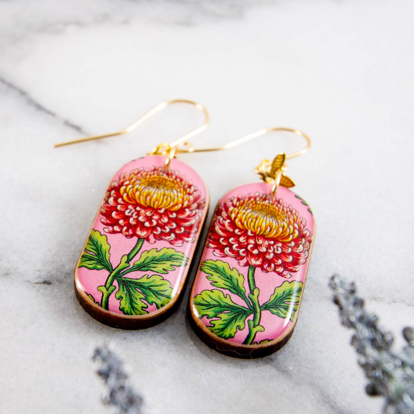 No Man's Land - Pink Chrysanthemum Flower Oblong Earrings