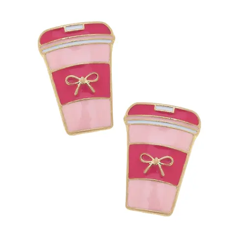 Cafe Bow Latte Enamel Stud Earrings in Pink & Fuchsia