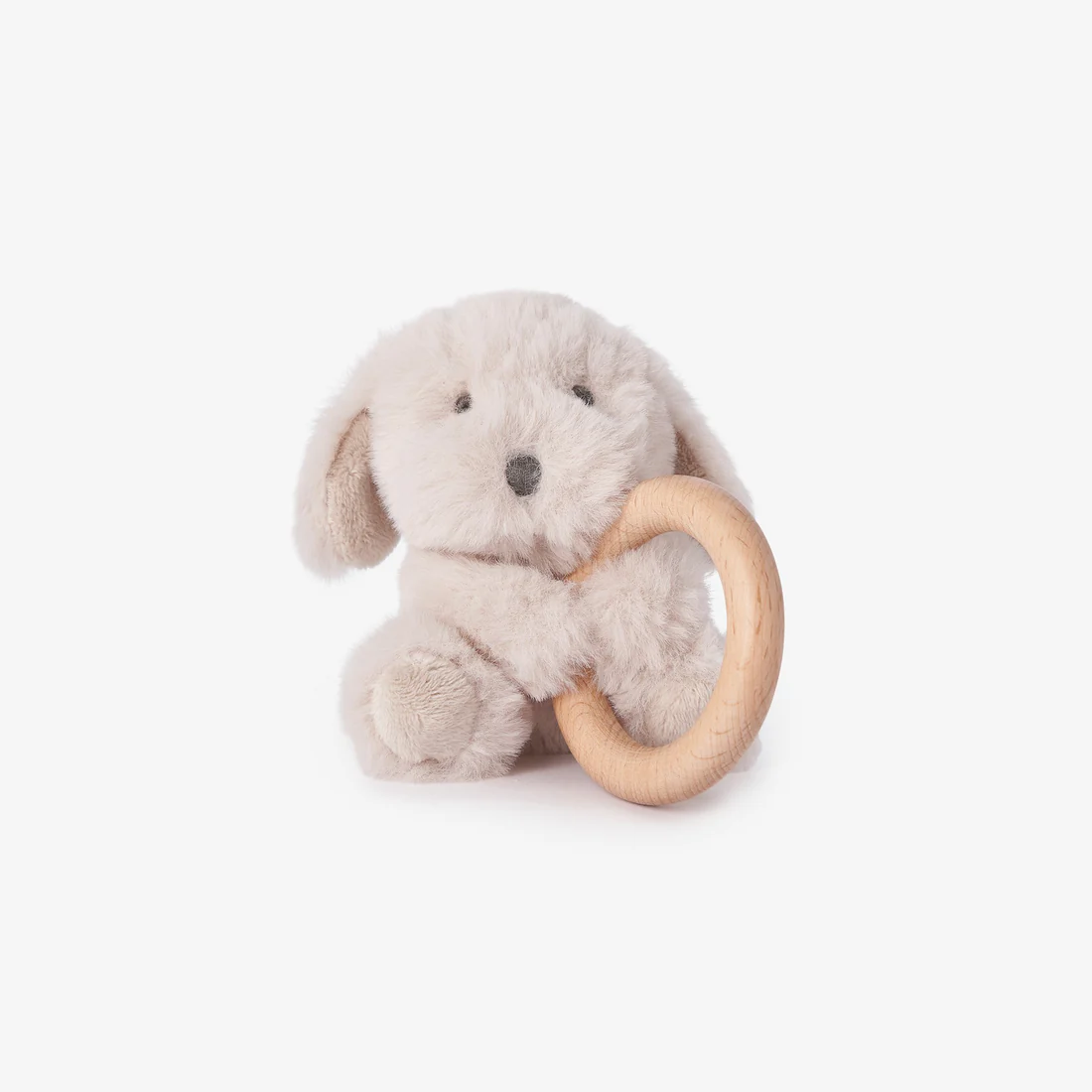 Plush Puppy Wooden Ring Rattle - Taupe