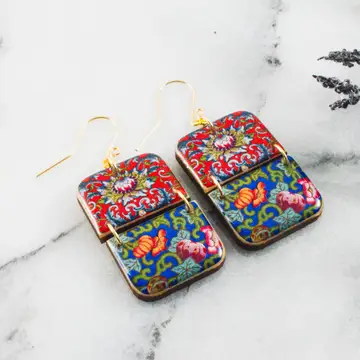 No Man's Land -Red + Blue Chinese Motif Rectangle Earrings