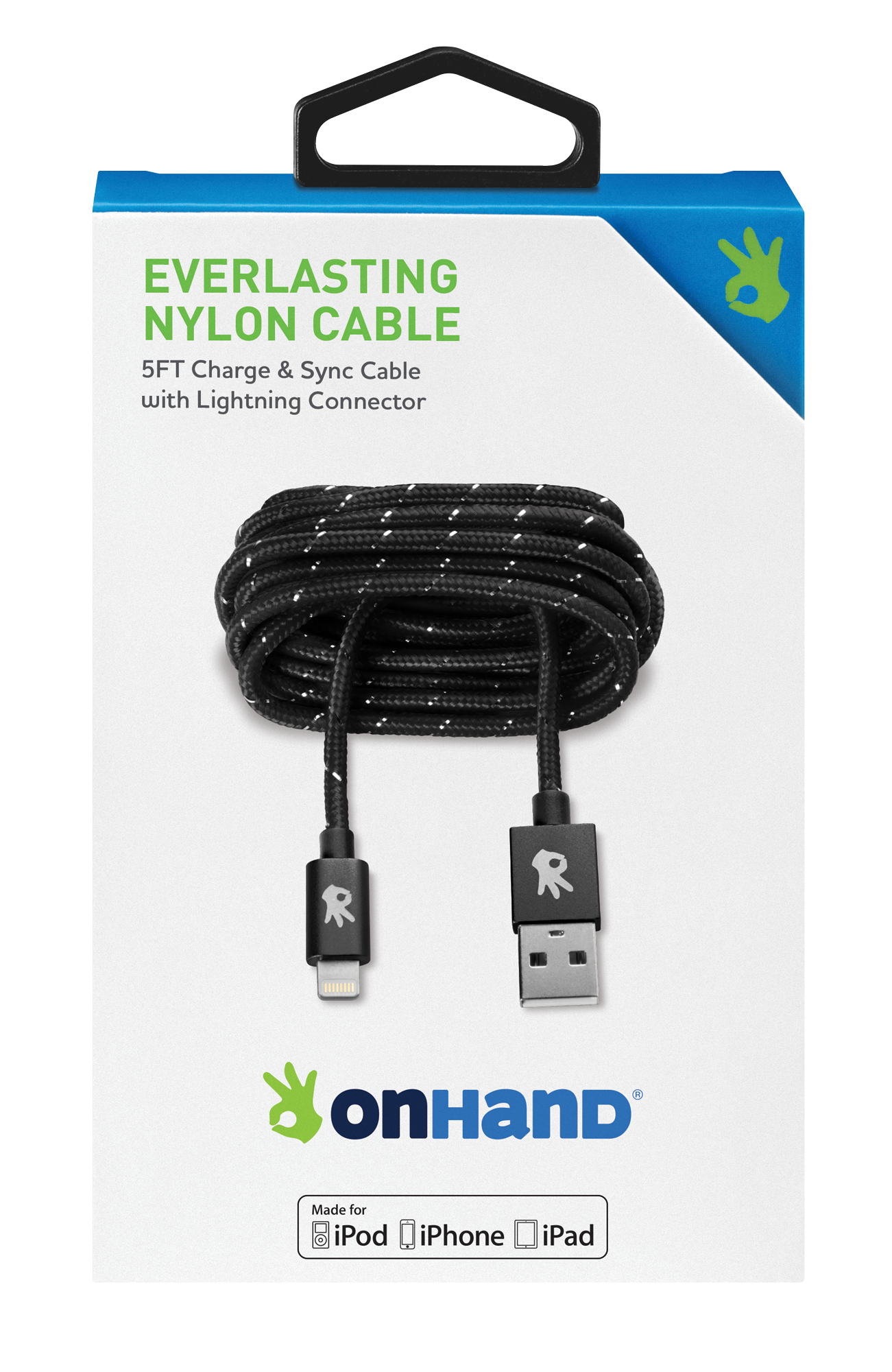 OnHand Everlasting Nylon Sync & Charge Cable Black 5ft BP USB-A to Lightning (MFi Certified)