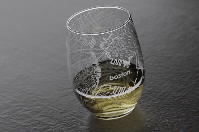 Boston Home Town Map Etched Stemless Wine Glass