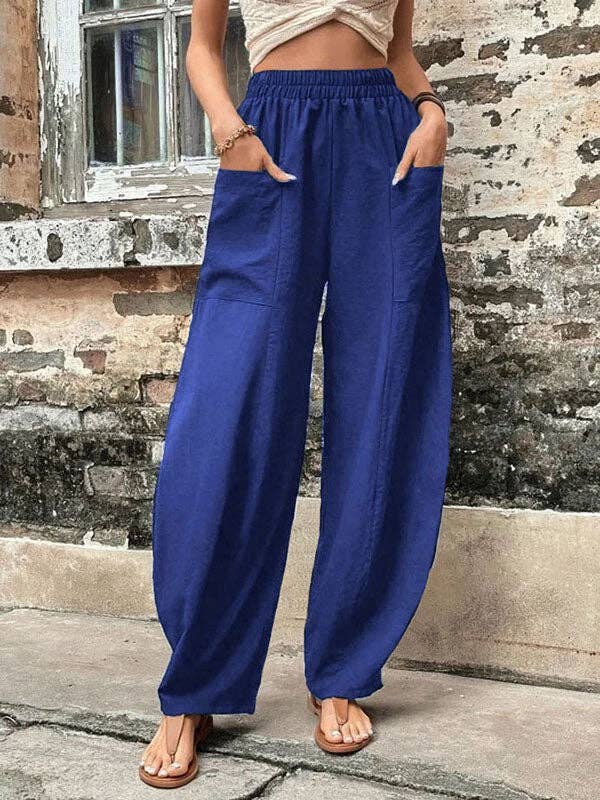 Loose Elasticity Pockets Solid Color Pants