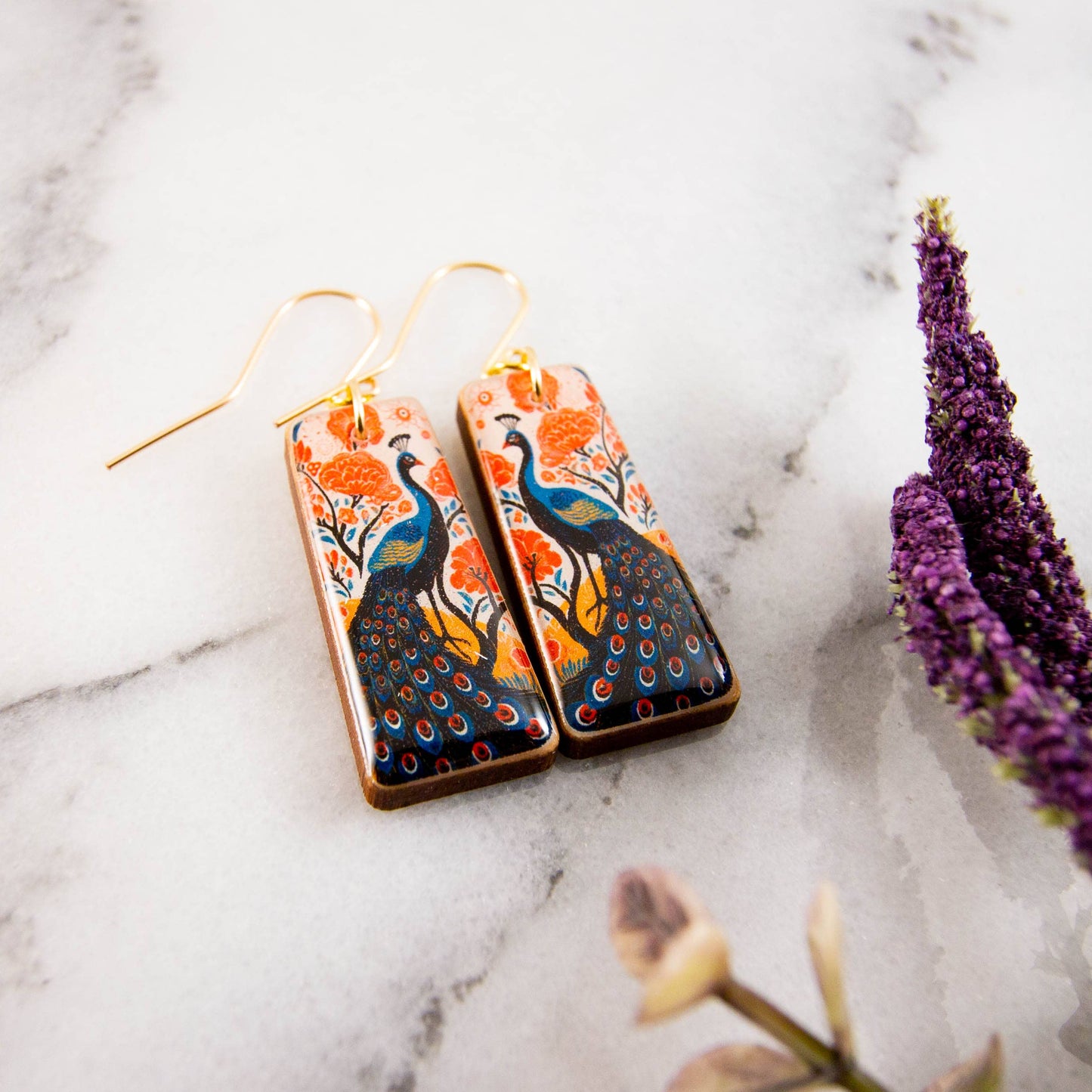 No Man's Land - Retro Peacock Garden Tapered Rectangle Earrings