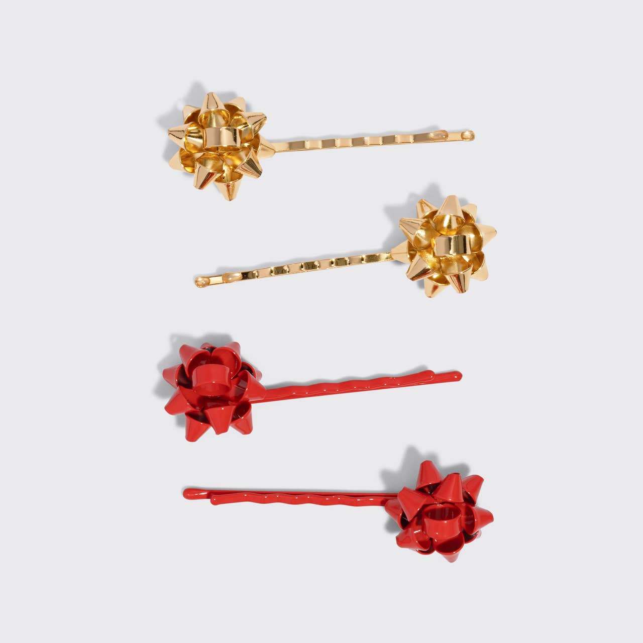 Metal Gift Bow Bobby Pins 4pc Set - Red & Gold