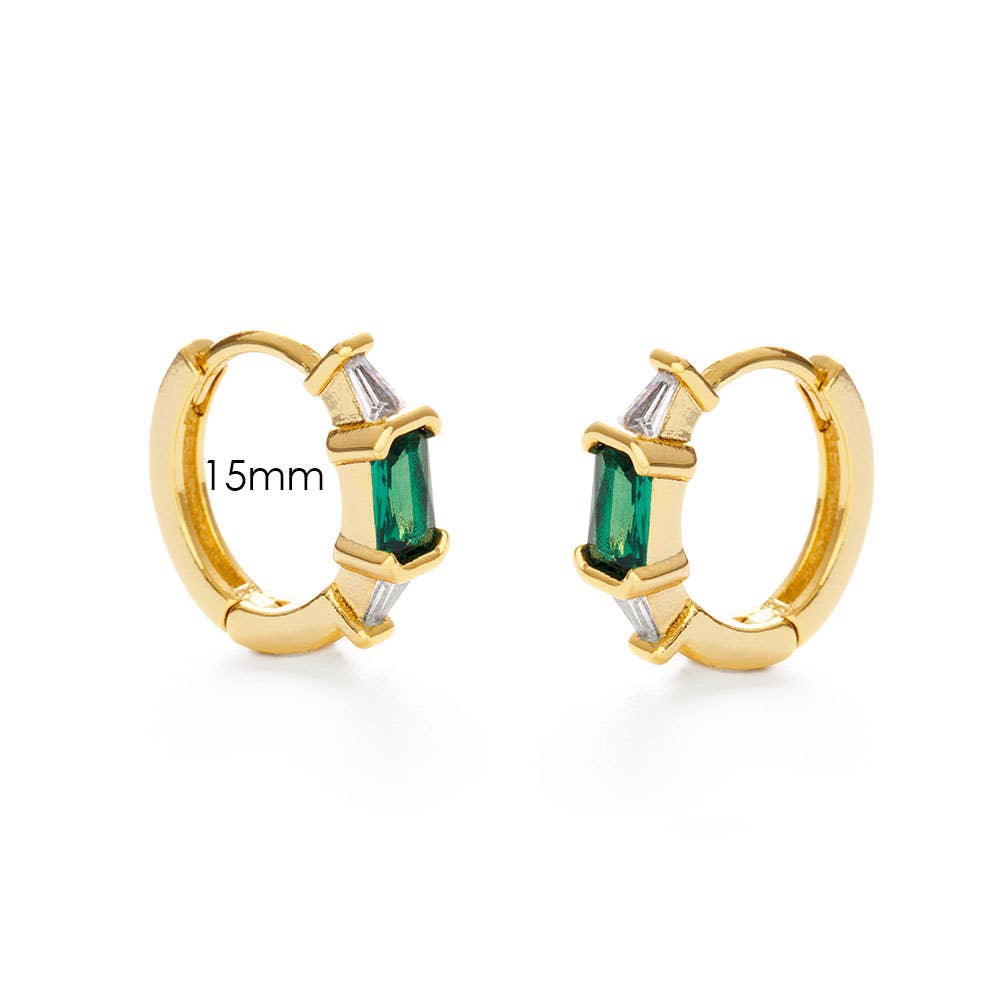 Amano Studio - Emerald Green + Crystal Baguette Huggie Hoop Earrings