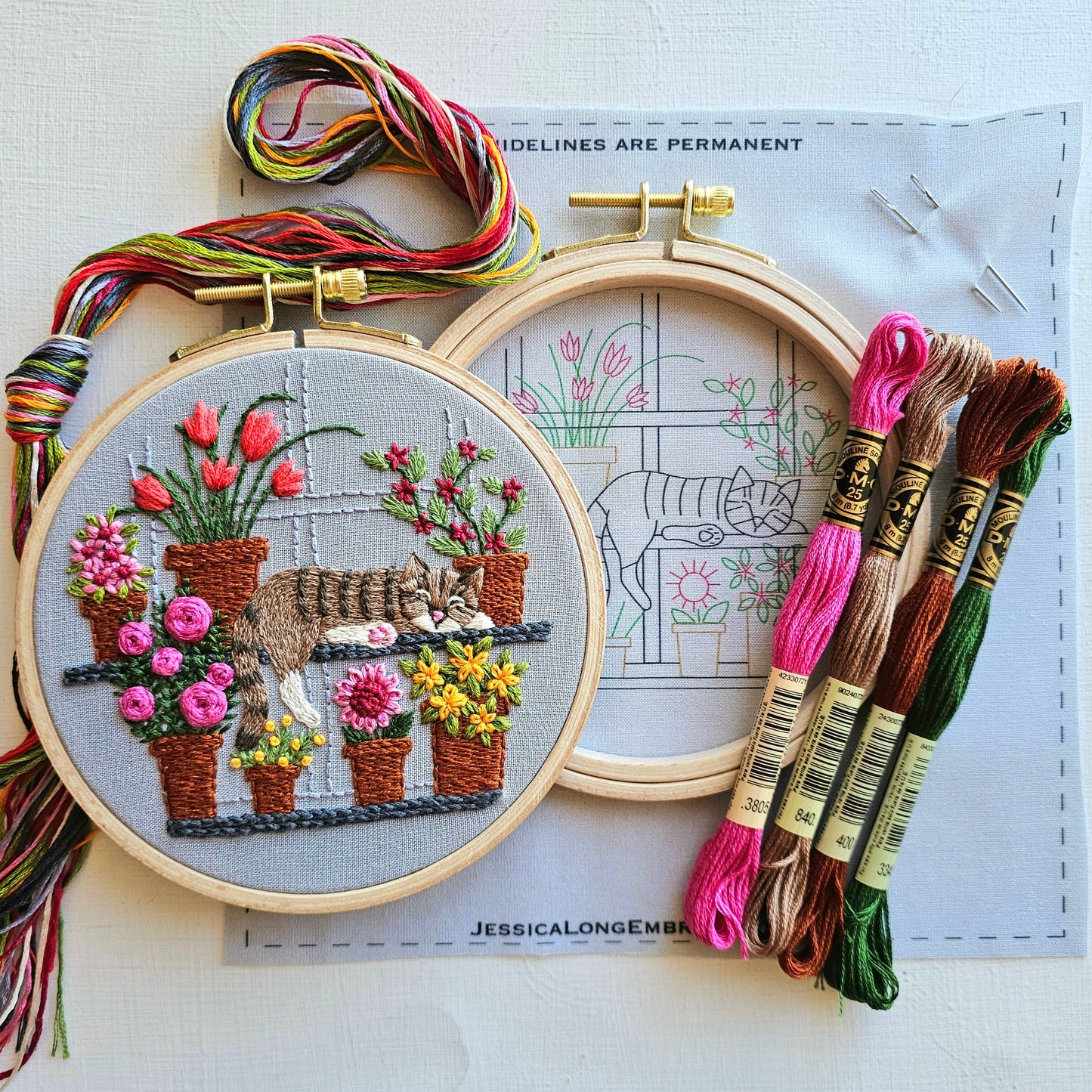 Jessica Long Embroidery - Catnap with Flowers Embroidery Kit