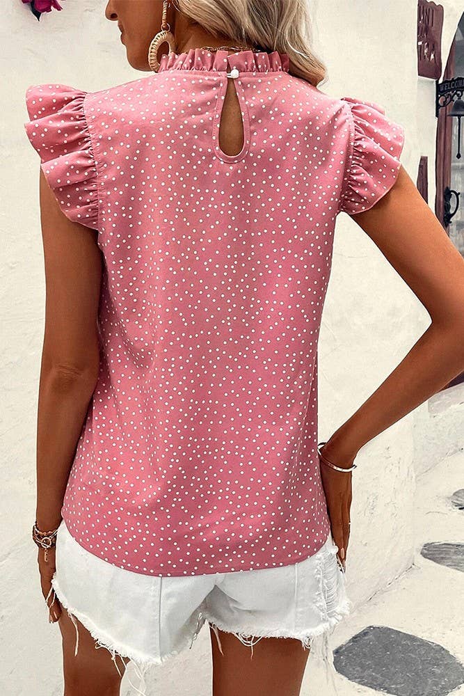 Summer Polka Dot Ruffle Sleeves Round Neck Top GSS107 | Black / L