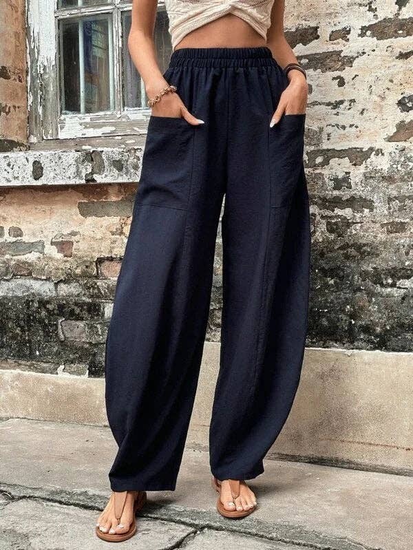 Loose Elasticity Pockets Solid Color Pants