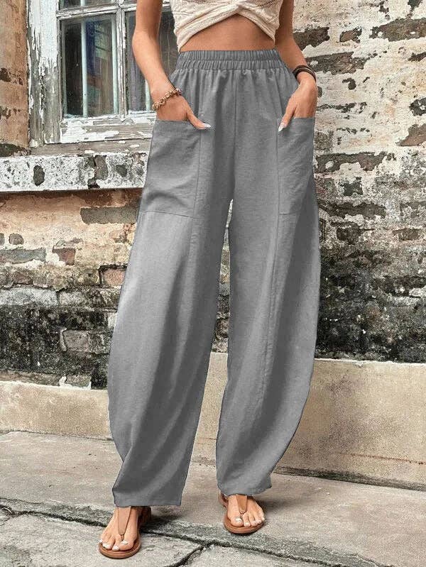 Loose Elasticity Pockets Solid Color Pants