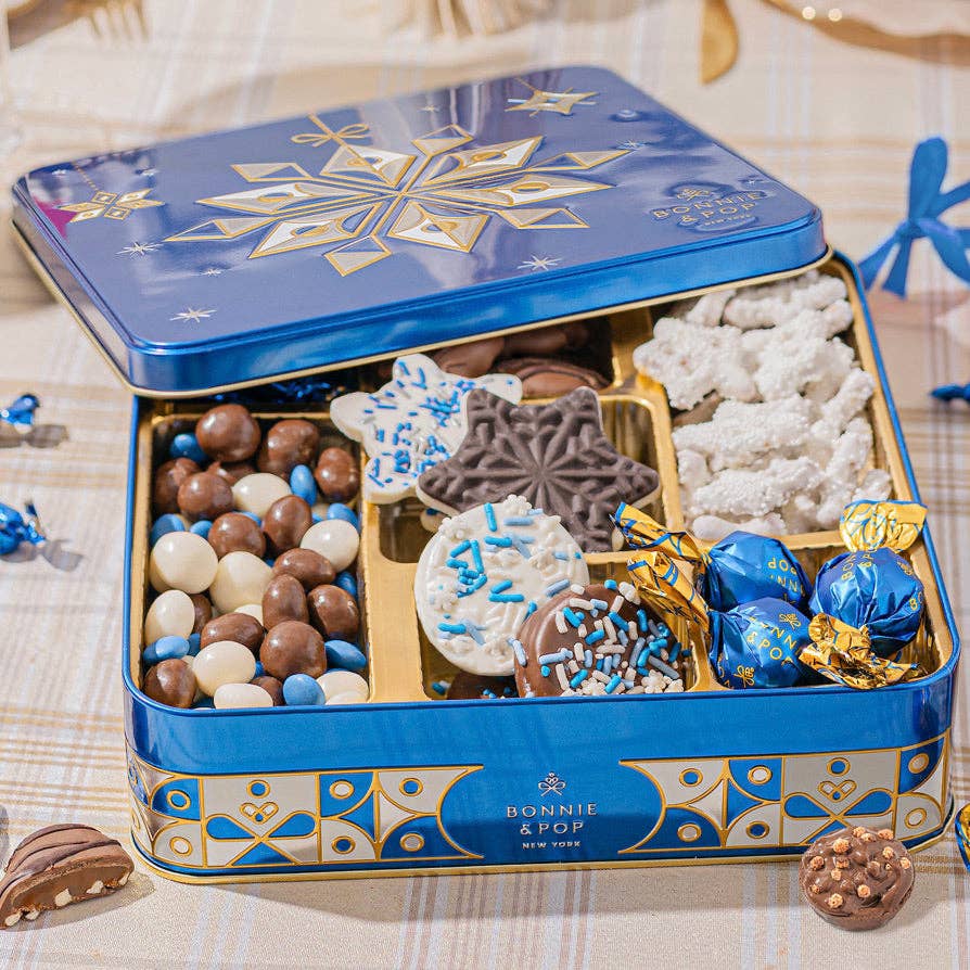 Blue Snowflake Holiday Tin with Gourmet Chocolates, Nuts & Cookies