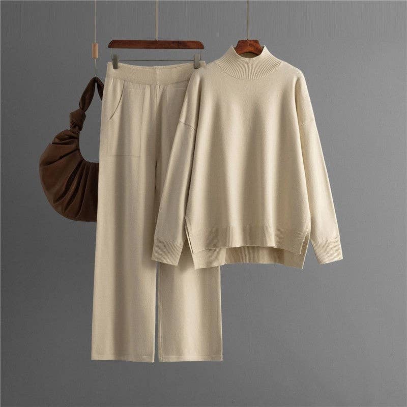 Solid Knit Mock Neck Slit Sweater Pants Set Khaki (One Size)