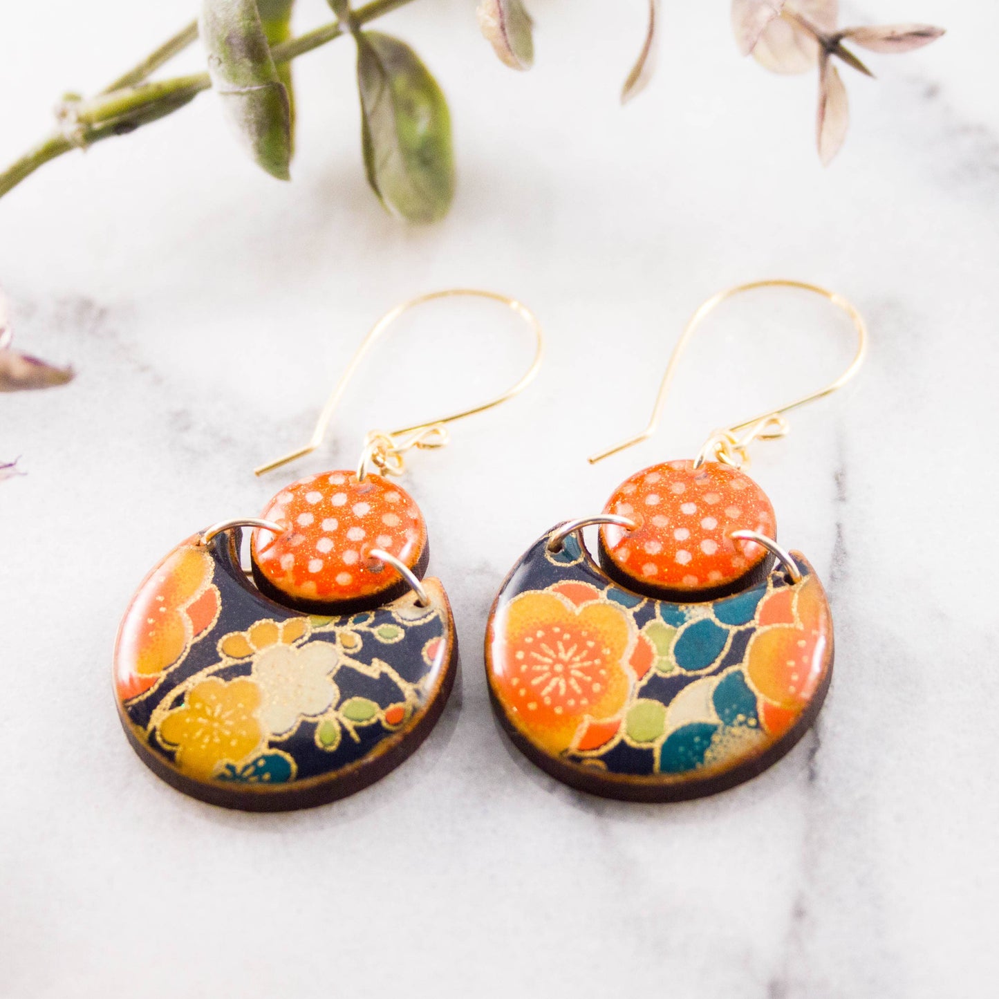 Japanese Double Circle Earrings- Navy + Orange