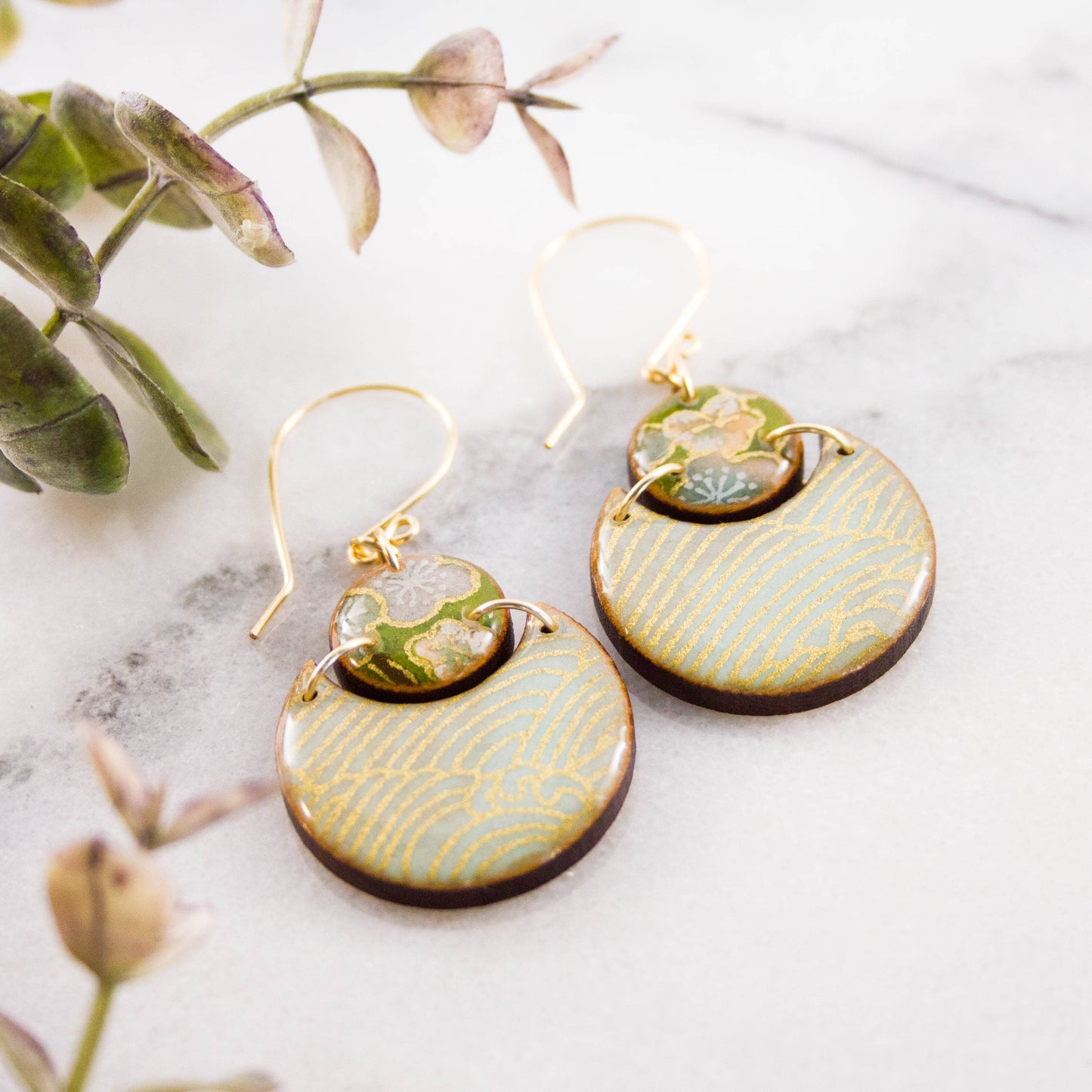 Japanese Double Circle Earrings- Natural Aqua