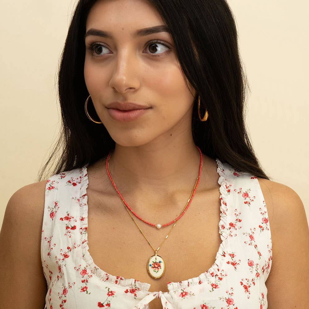 Amano Studio - Needlepoint Pink Flower Vintage Cameo Necklace