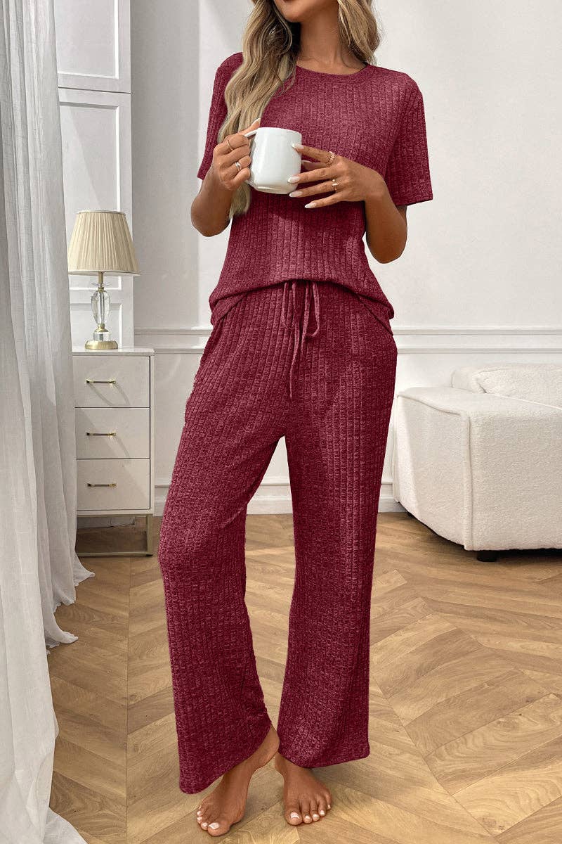 Lovesoft - Ribbed Knit Lounge Set with Short Sleeve Top and Pants