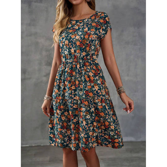 UNISHE - Floral Elastic Waist Short Sleeves Round Neck Dress ZK2696
