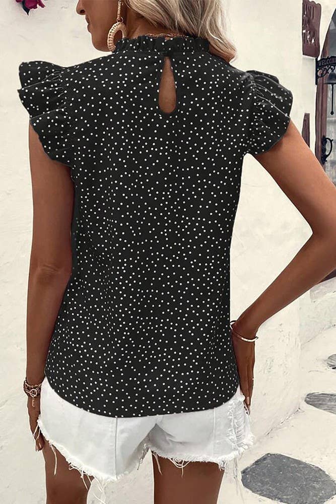 Summer Polka Dot Ruffle Sleeves Round Neck Top GSS107 | Black / L