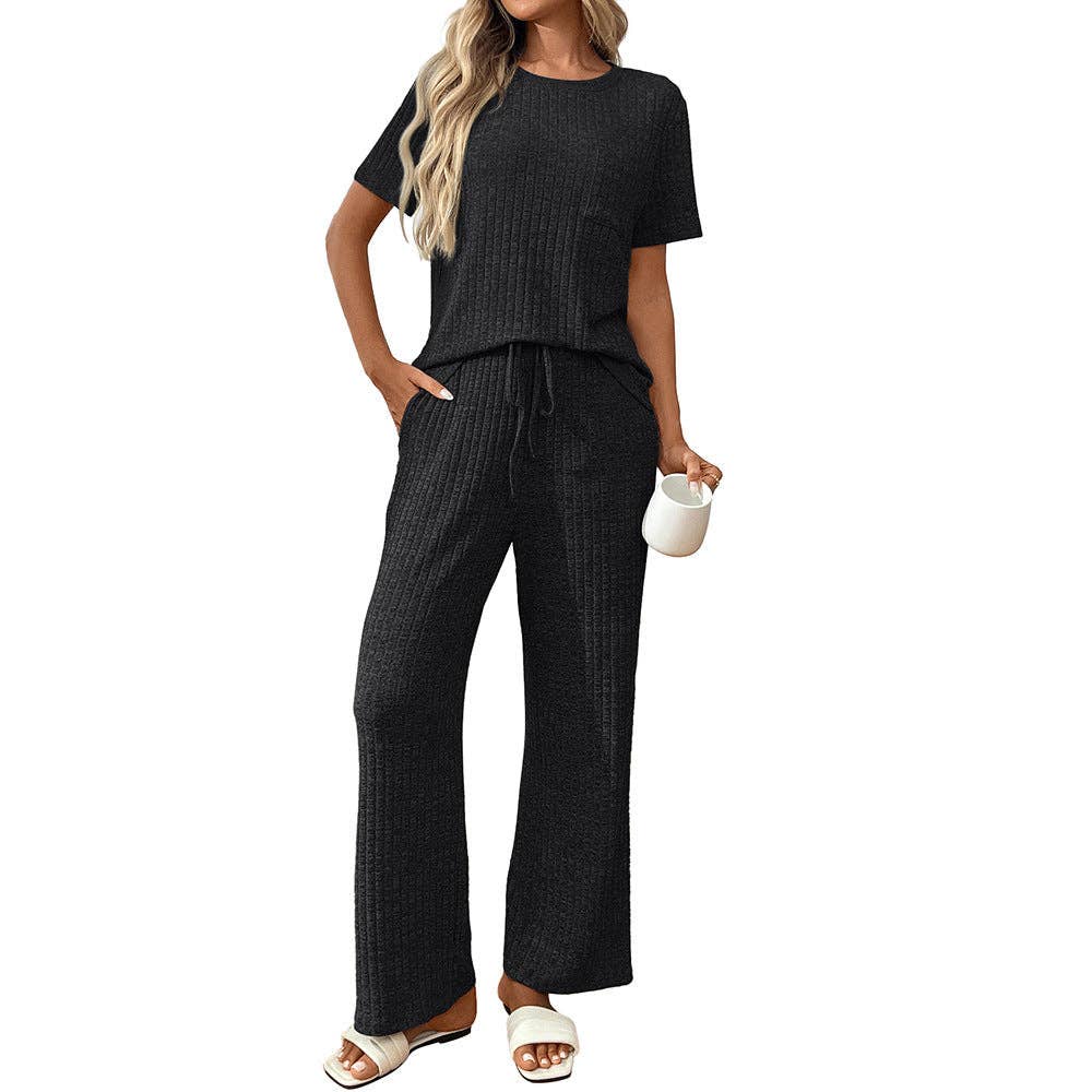 Lovesoft - Ribbed Knit Lounge Set with Short Sleeve Top and Pants