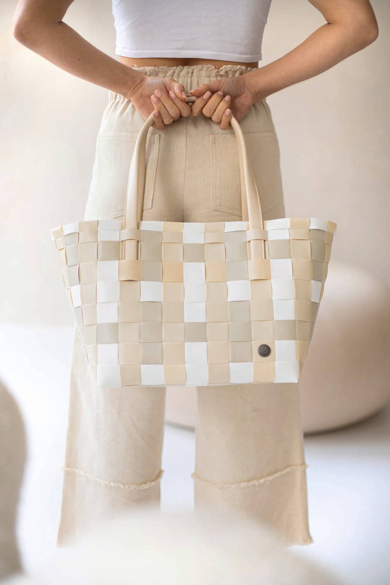 Color Block Recycled Handwoven Tote Bag - Ecru White Mix