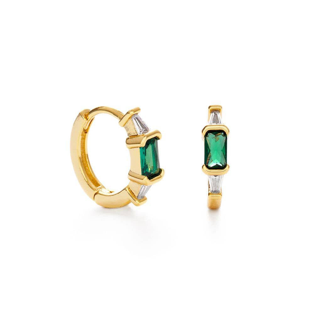 Amano Studio - Emerald Green + Crystal Baguette Huggie Hoop Earrings