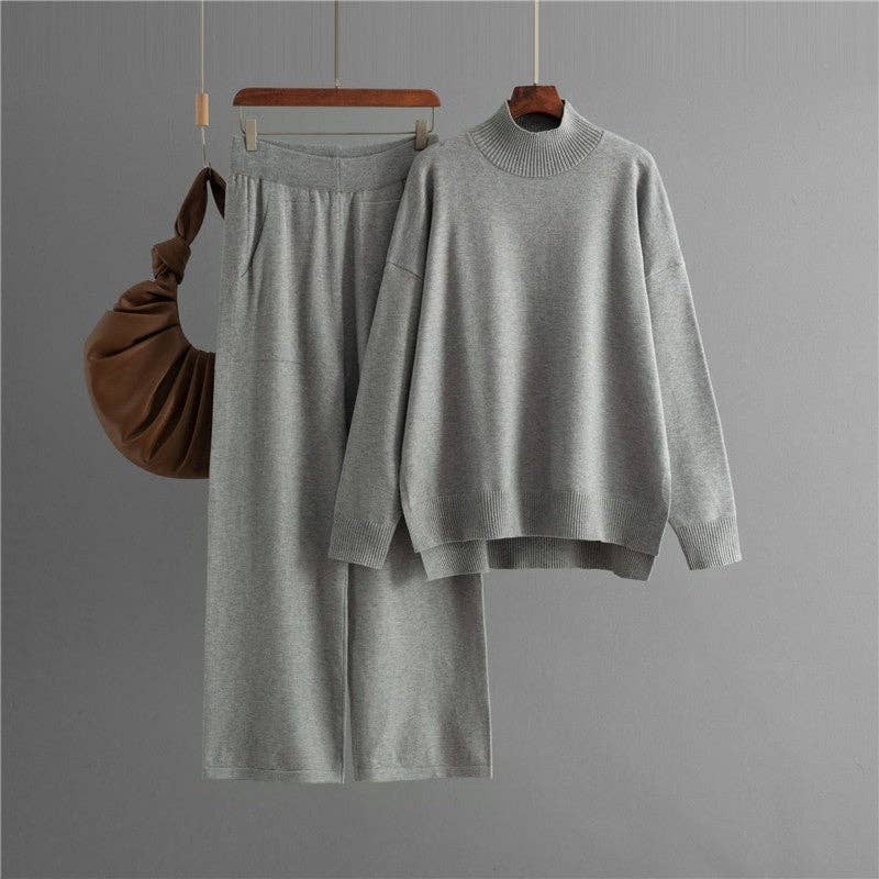 Solid Knit Mock Neck Slit Sweater Pants Set Khaki (One Size)