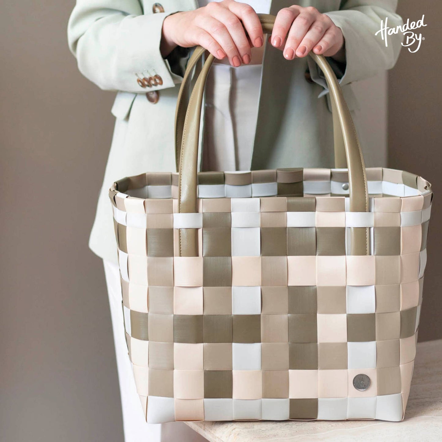 Color Block Recycled Handwoven Tote Bag - Khaki Mix