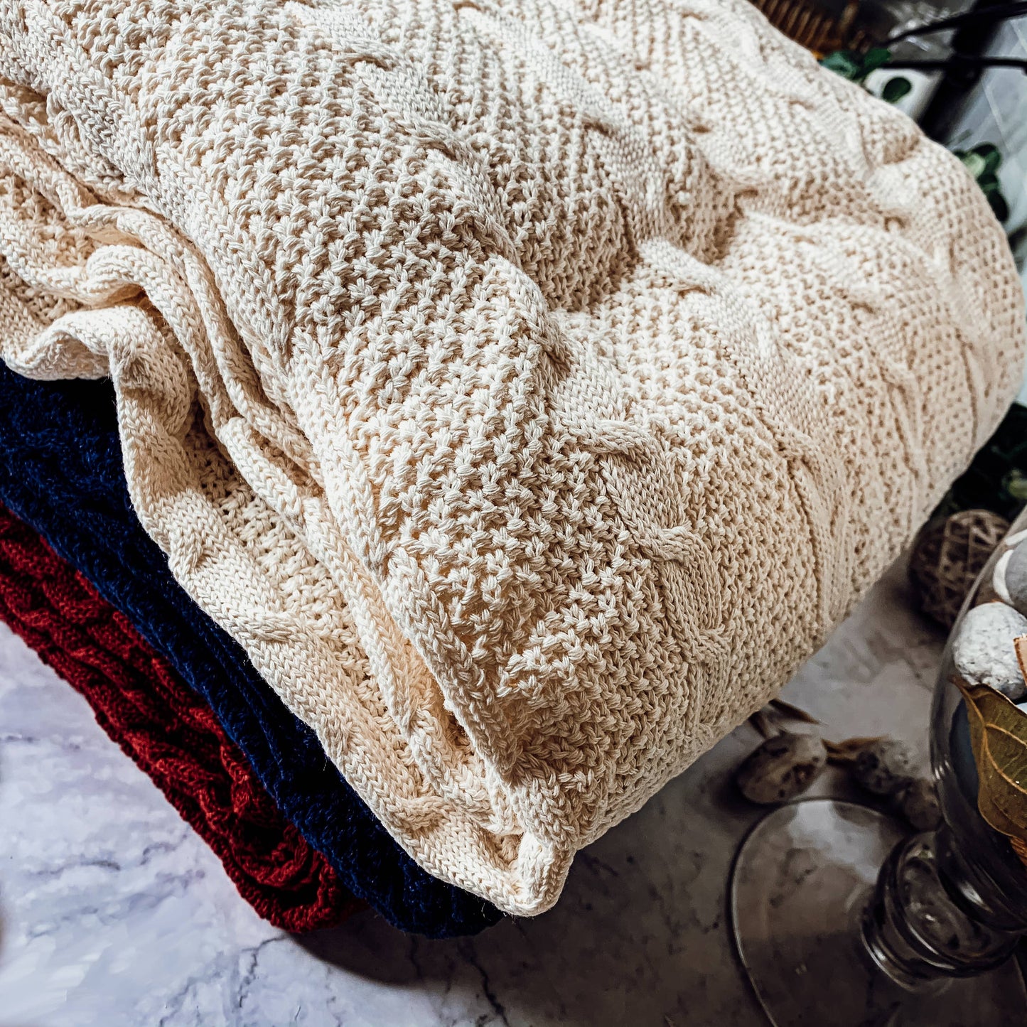 Claret Knit Sweater Like Throw Blankets - Plant Fiber & Cotton | Ivory/White