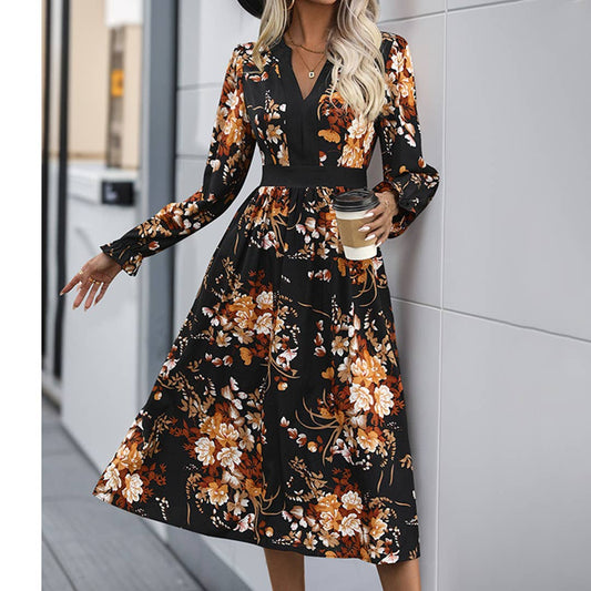 UNISHE - Autumn Floral Print Midi Long Sleeve Dress BFZY1619