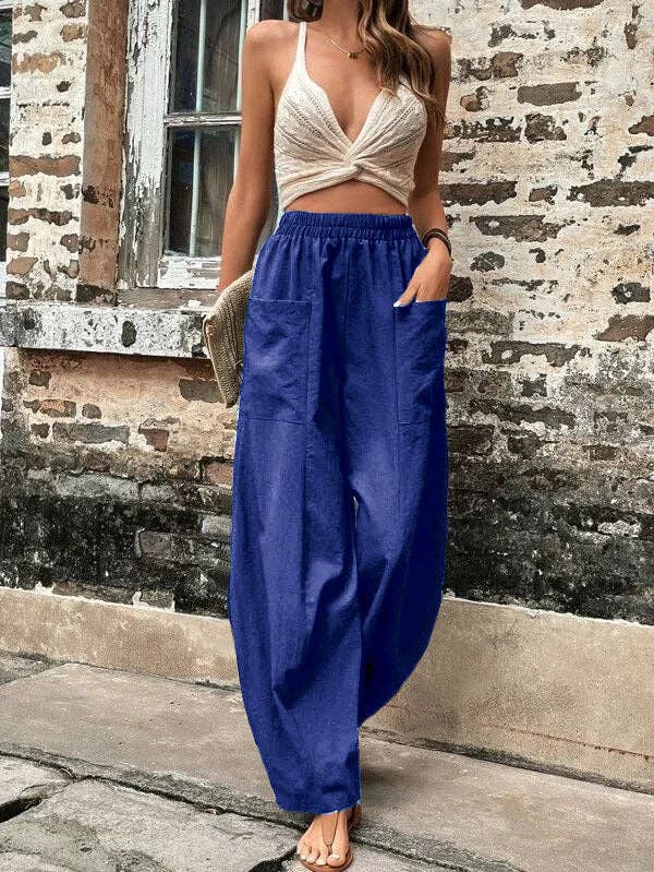 Loose Elasticity Pockets Solid Color Pants