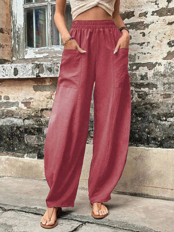 Loose Elasticity Pockets Solid Color Pants