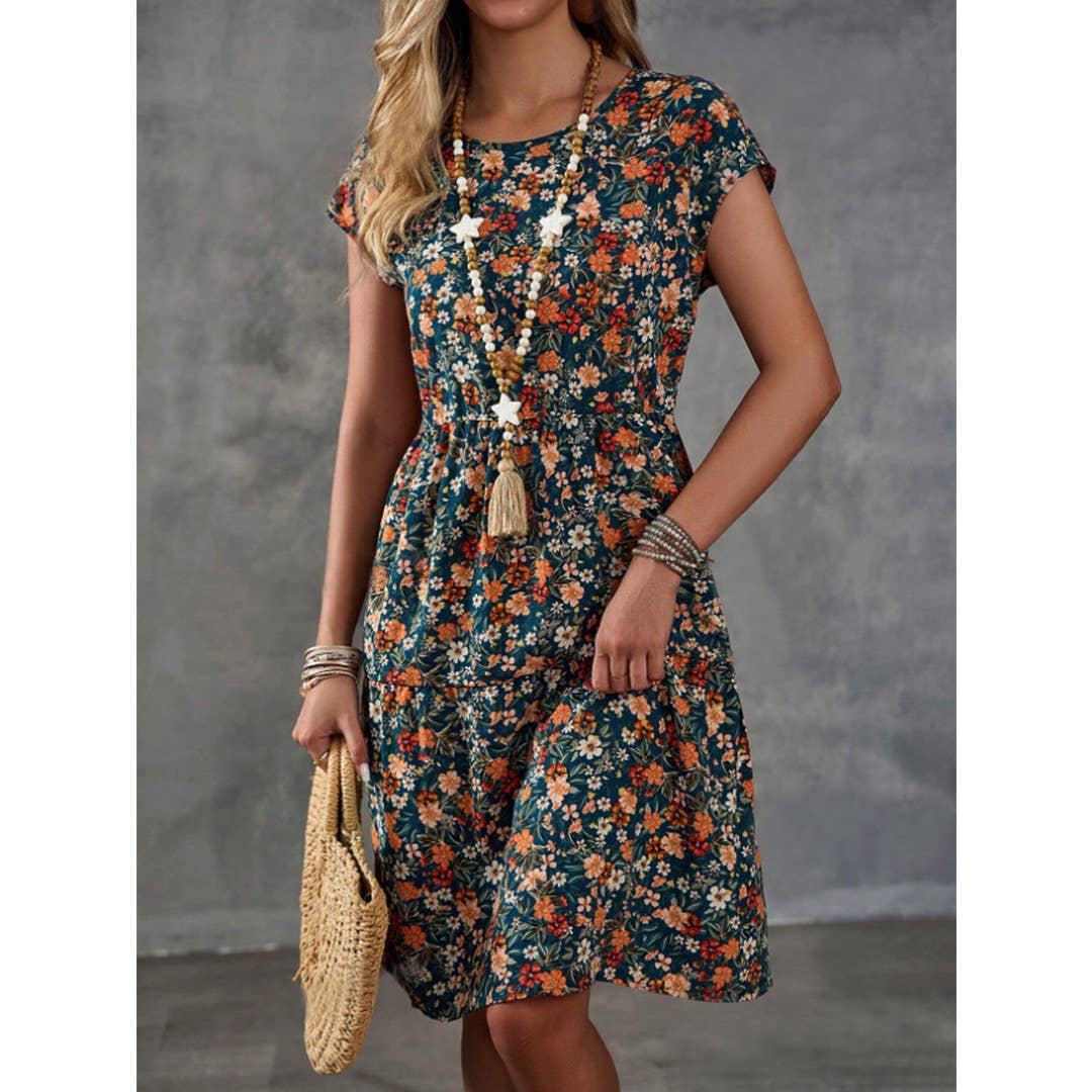 UNISHE - Floral Elastic Waist Short Sleeves Round Neck Dress ZK2696