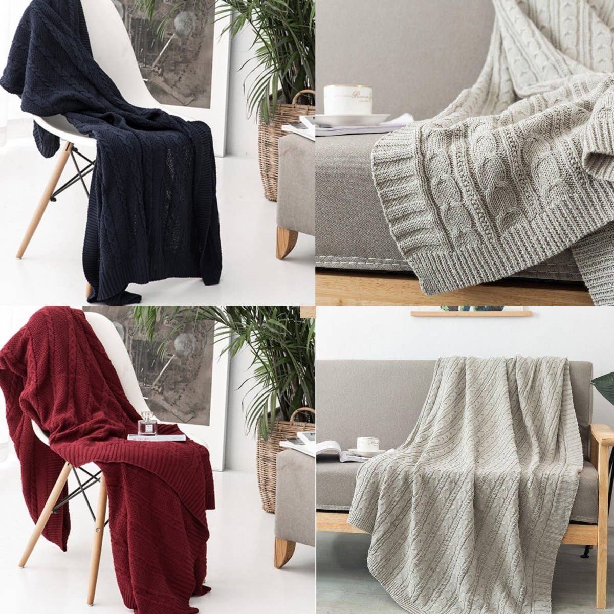 Claret Knit Sweater Like Throw Blankets - Plant Fiber & Cotton | Ivory/White