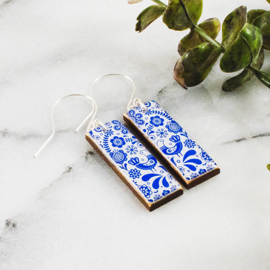No Man's Land - Blue + White Swedish Floral Rectangle Earrings